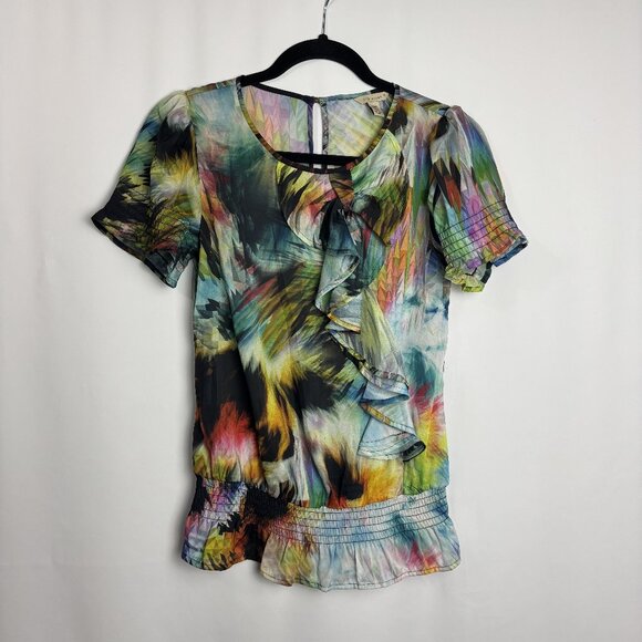 Ted Baker 0 XS Smocked Blouse Keyhole Back Scoop Neck Ruffled Janni Print Color - Picture 1 of 9